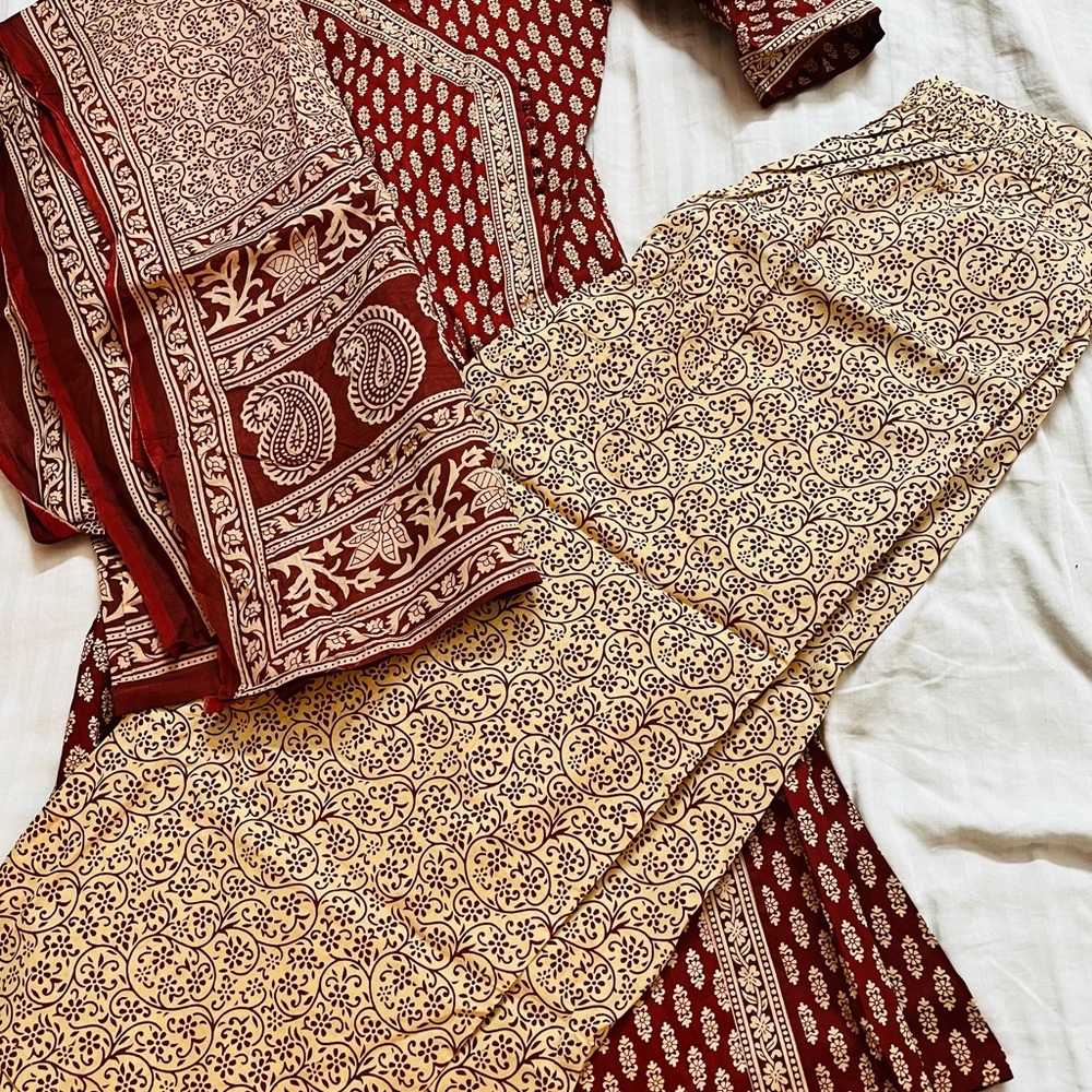 Indo Era Maroon & Beige Printed Anghrakha Kurta with Plazzos & Dupatta - Picture 4 of 14